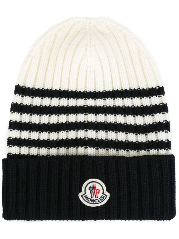 Moncler Striped Knitted Beanie Hat, Men's, Blue, Virgin Wool