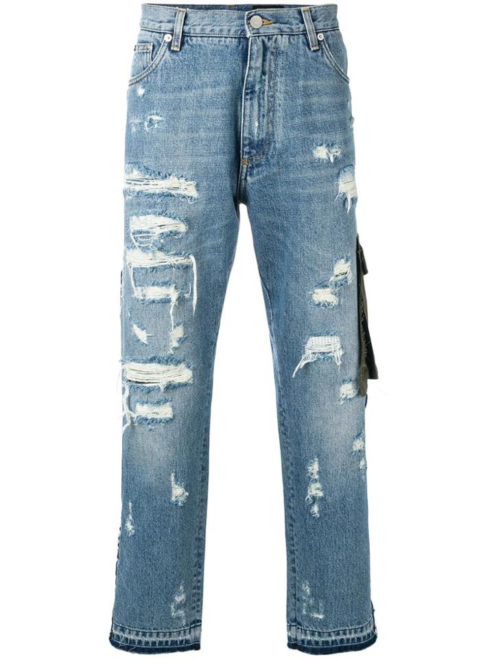 Dolce & Gabbana Ripped Detail Piped Jeans - Blue