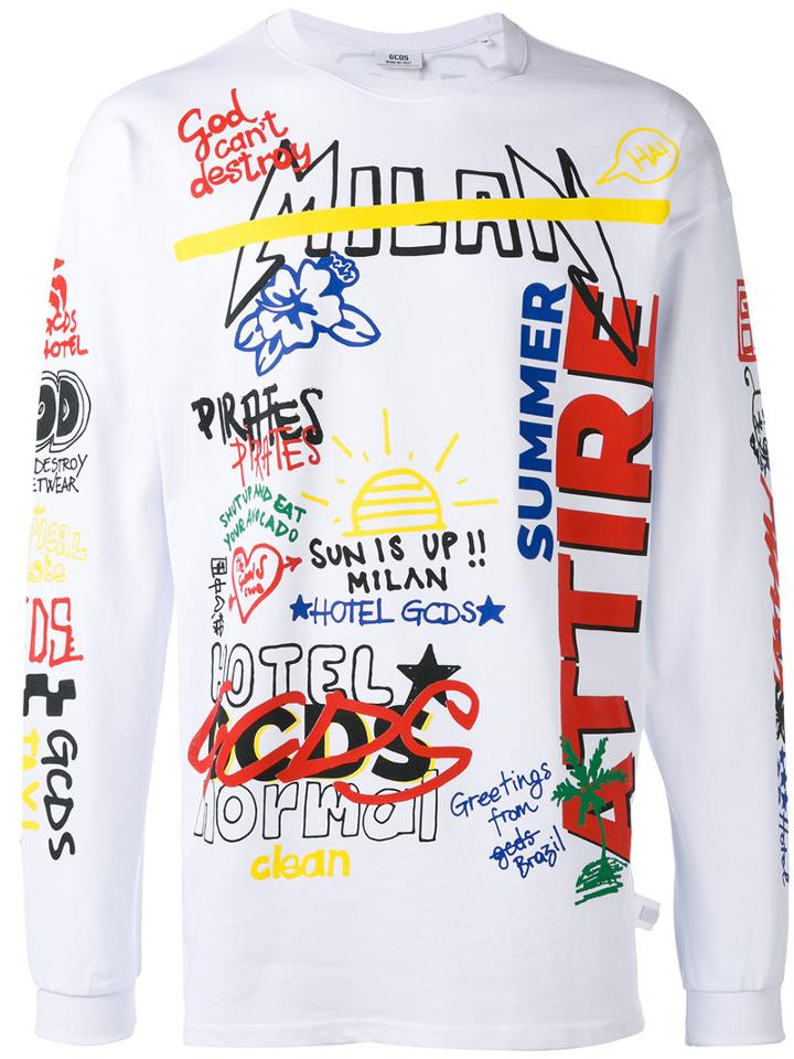 Gcds Multi-print Sweatshirt, Men's, Size: Small, White, Cotton