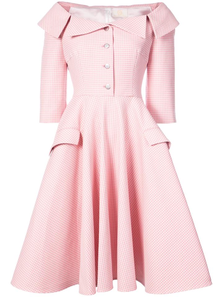 Sara Battaglia Gingham Off The Shoulder Midi Dress - Pink & Purple
