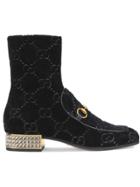 Gucci Horsebit Gg Velvet Boots With Crystals - Black