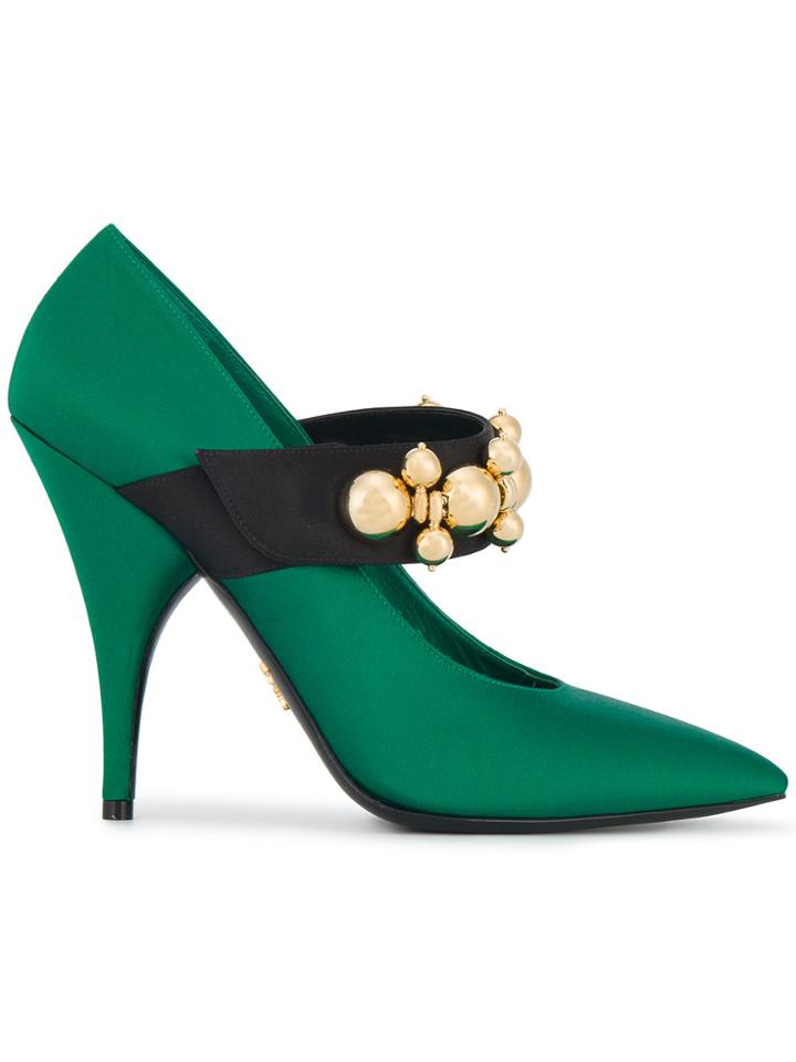 Prada Green Satin Gold Bauble 110 Heels