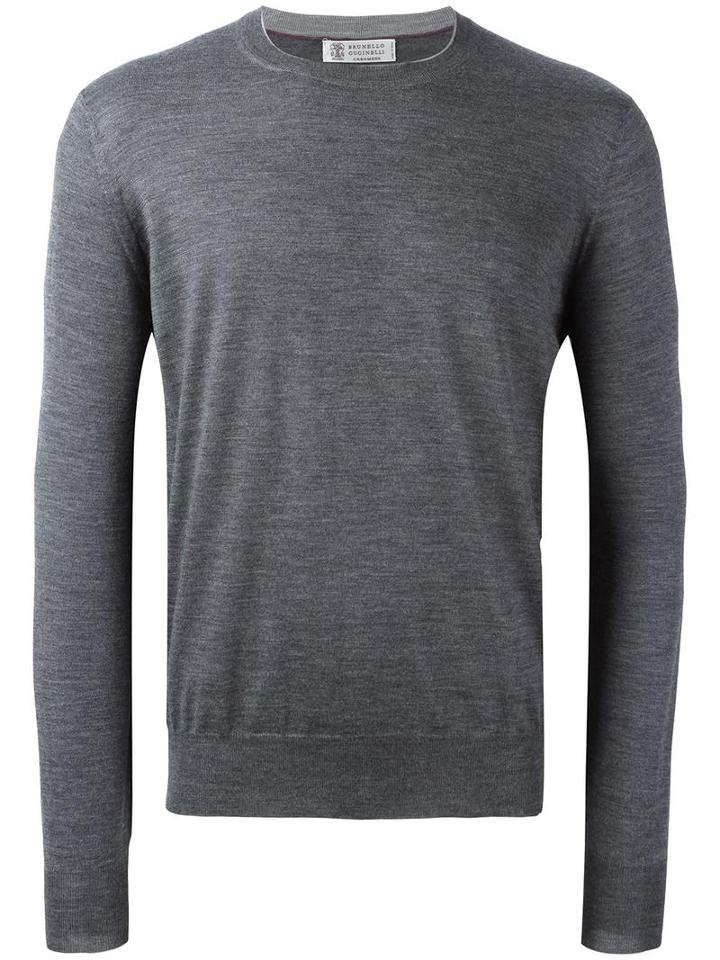 Brunello Cucinelli Crew Neck Pullover, Men's, Size: 52, Grey, Suede/cashmere/virgin Wool