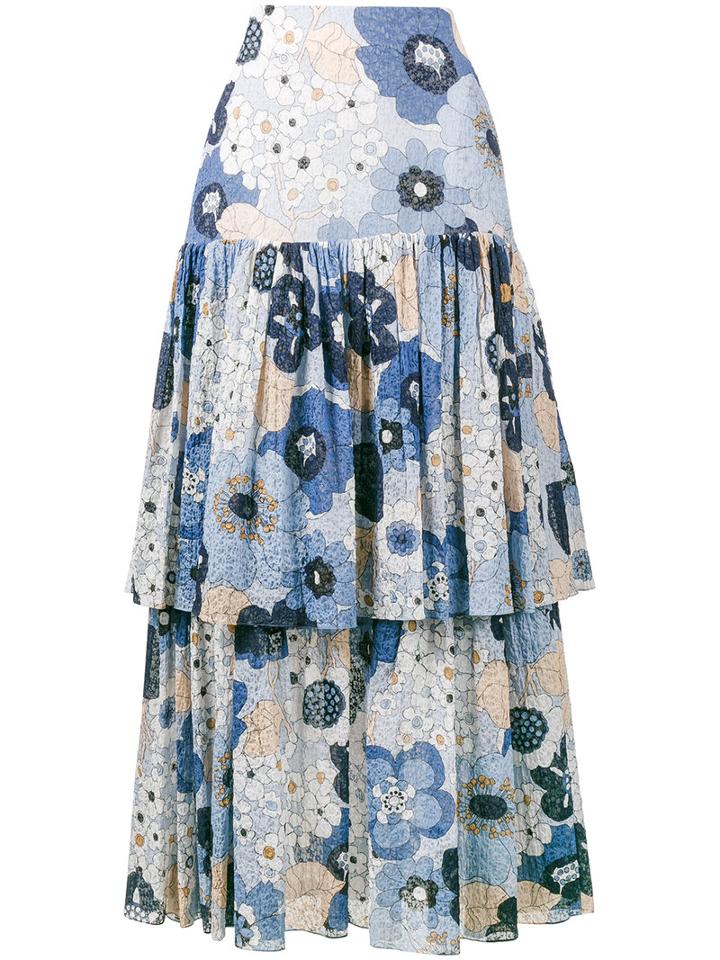 Chloé - Tiered Floral Print Skirt - Women - Silk/cotton - 36, Blue, Silk/cotton