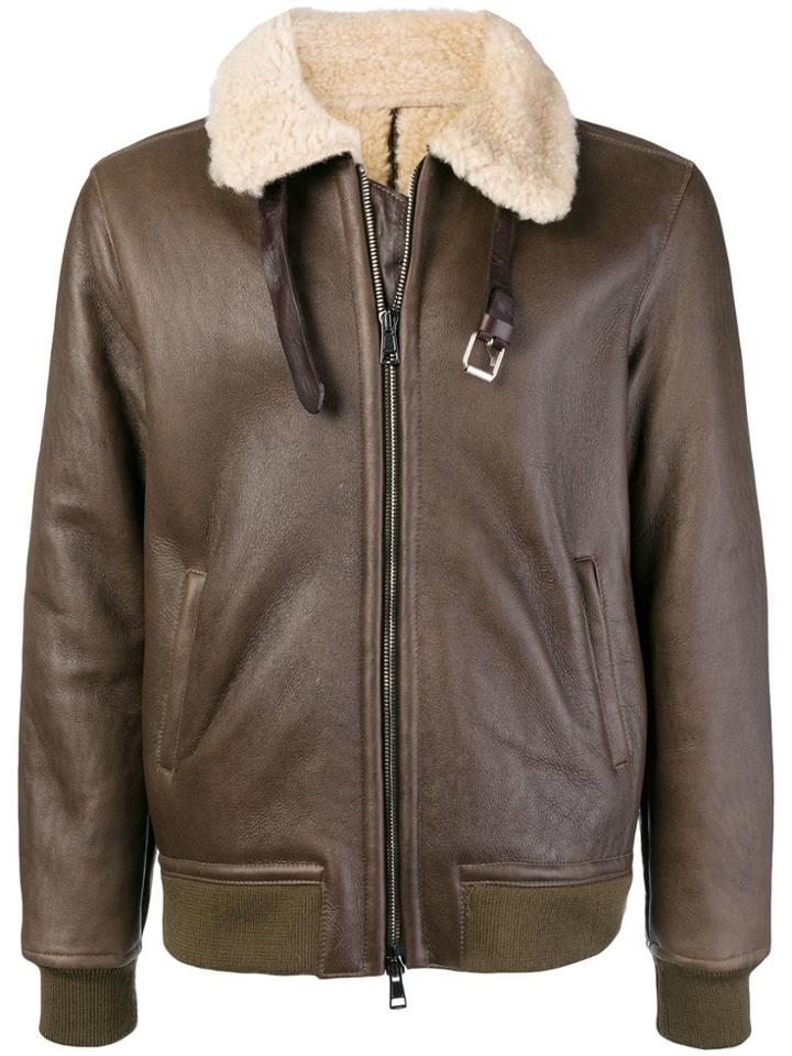 Low Brand Front Zip Aviator Jacket - Brown