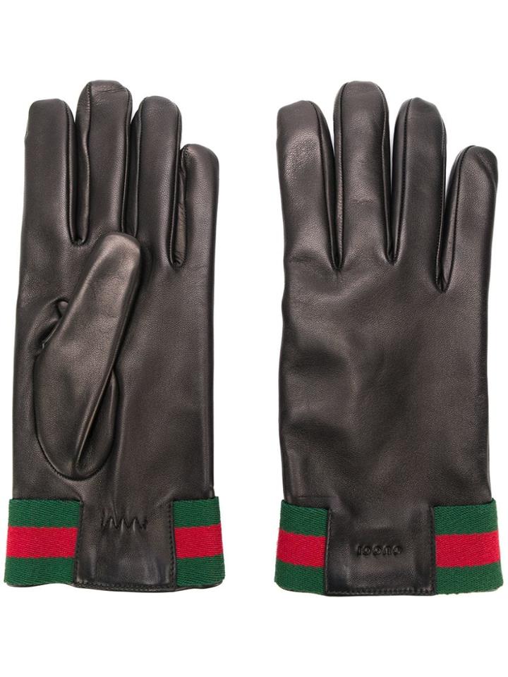 Gucci Leather Gloves With Web - Black