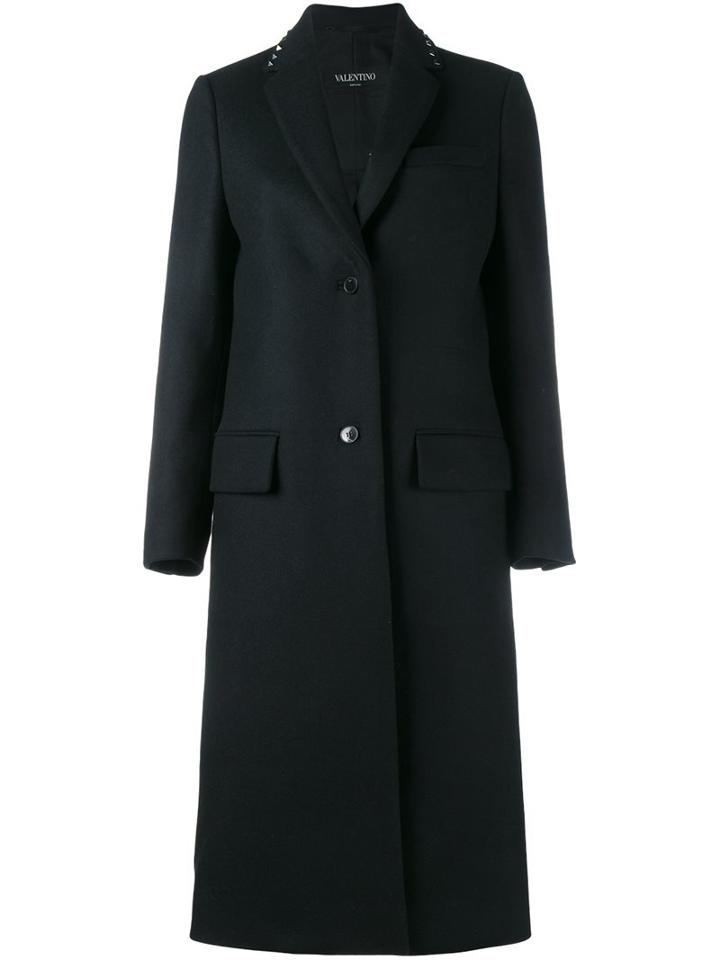 Valentino 'rockstud' Single Breasted Coat, Women's, Size: 42, Black, Silk/cotton/linen/flax/virgin Wool