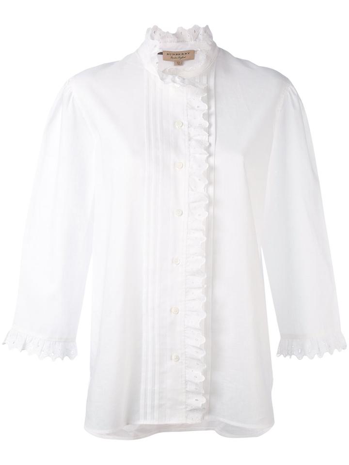 Burberry - English Embroidery Ruffled Shirt - Women - Cotton/linen/flax - 12, White, Cotton/linen/flax