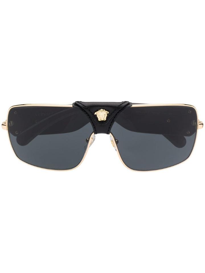 Versace Eyewear Leather Logo Detail Sunglasses - Black