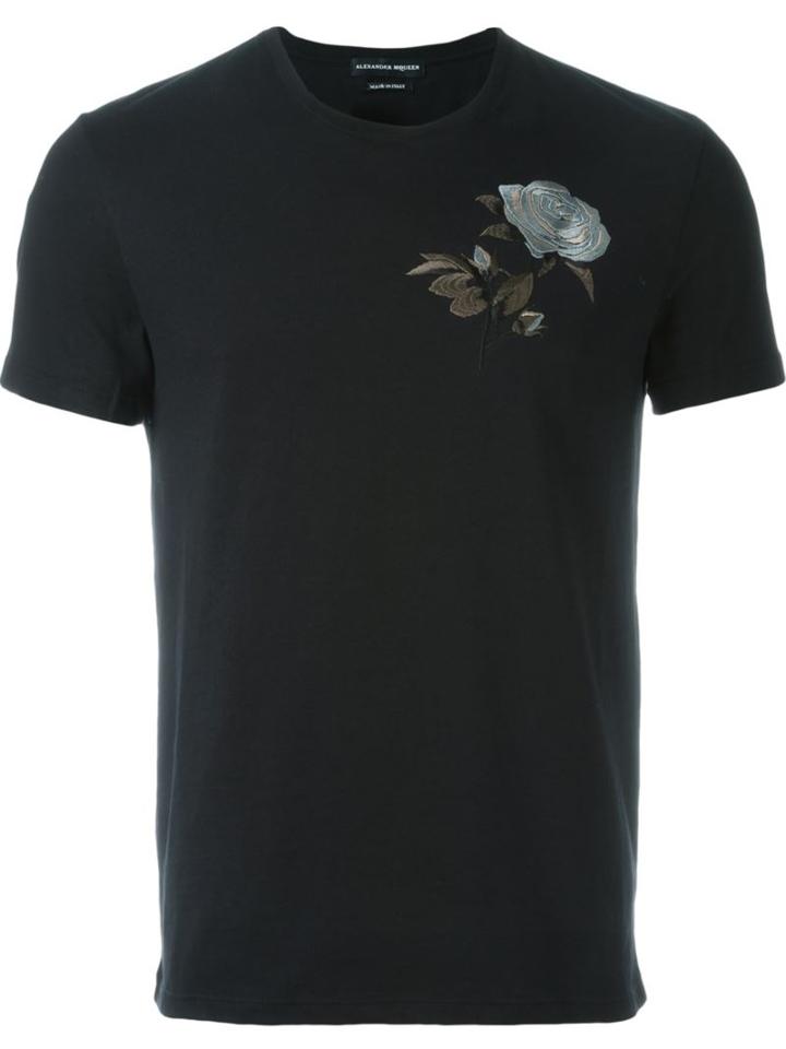 Alexander Mcqueen Rose Embroidered T-shirt, Men's, Size: Medium, Black, Cotton