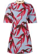 Marni Leaf Print Skater Dress, Women's, Size: 38, Blue, Cotton/linen/flax/silk