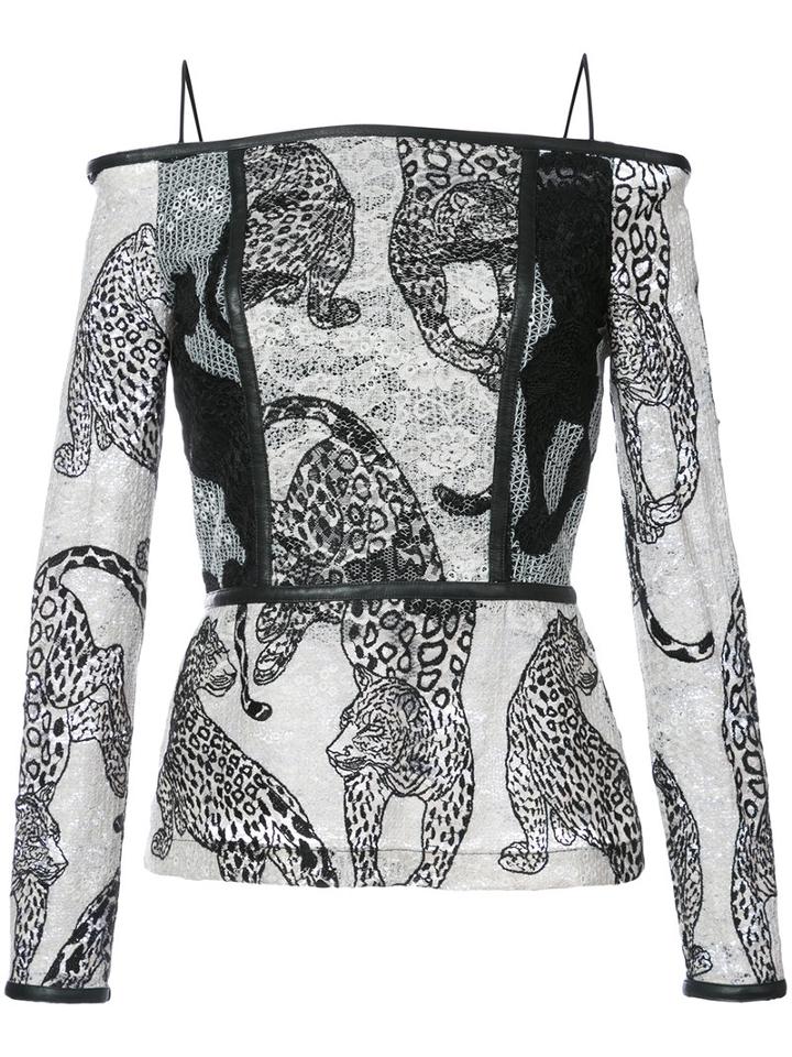 Yigal Azrouel - Off-shoulders Leopard Embroidery Blouse - Women - Polyester - 12, Black, Polyester