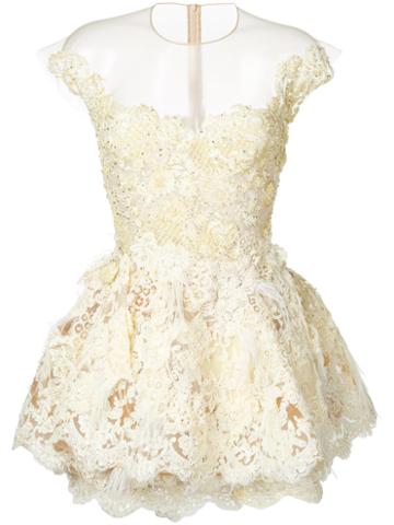 Nedret Taciroglu Couture Beaded Lace Mini Dress, Women's, Size: 36, Yellow/orange, Silk