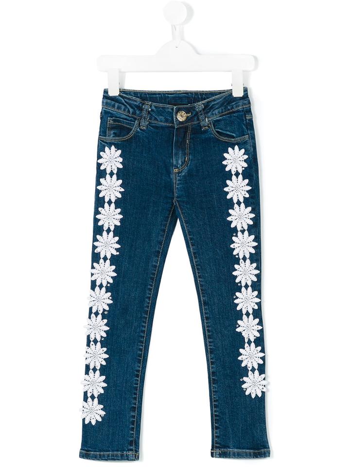 Paesaggino - Floral Appliquéd Jeans - Kids - Cotton/spandex/elastane - 12 Yrs, Blue