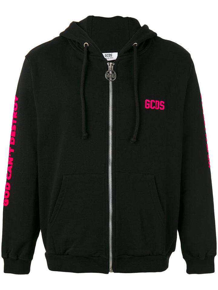 Gcds Logo Embroidered Zipped Hoodie, Men's, Size: Xs, Black, Cotton