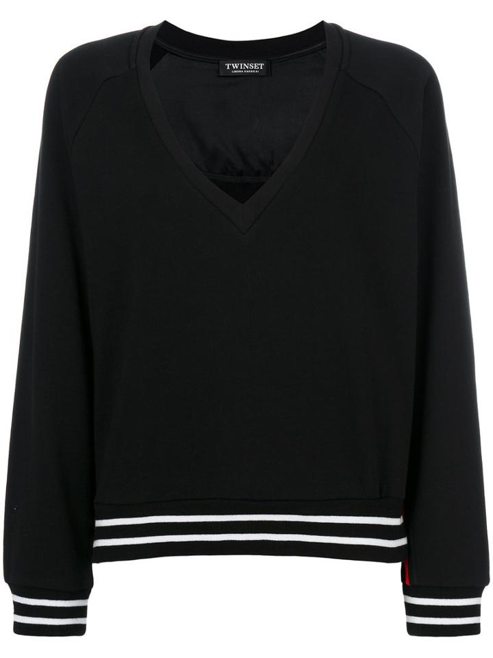 Twin-set - Stripe Detail V-neck Sweater - Women - Cotton/spandex/elastane/viscose - L, Black, Cotton/spandex/elastane/viscose