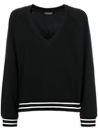 Twin-set - Stripe Detail V-neck Sweater - Women - Cotton/spandex/elastane/viscose - L, Black, Cotton/spandex/elastane/viscose