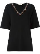Tory Burch V-neck Knitted Top, Women's, Size: Medium, Black, Polyester/merino/glass