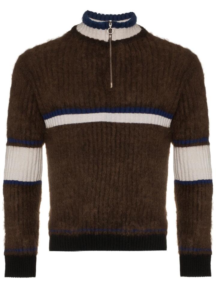Helen Lawrence Zip Neck Stripe Merino Wool Jumper - Brown