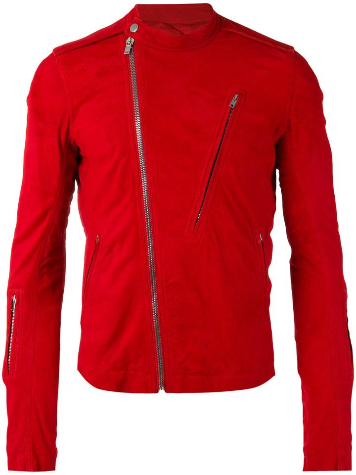 Rick Owens Asymmetric Zip Detail Jacket, Men's, Size: 48, Red, Lamb Nubuck Leather/cupro/cotton