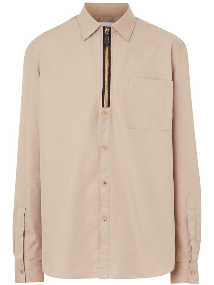 Burberry Classic Fit Zip Detail Cotton Twill Shirt - Neutrals