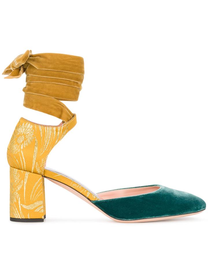 Rochas Yellow Blue Velvet Ankle Tie 70 Heels - Yellow & Orange
