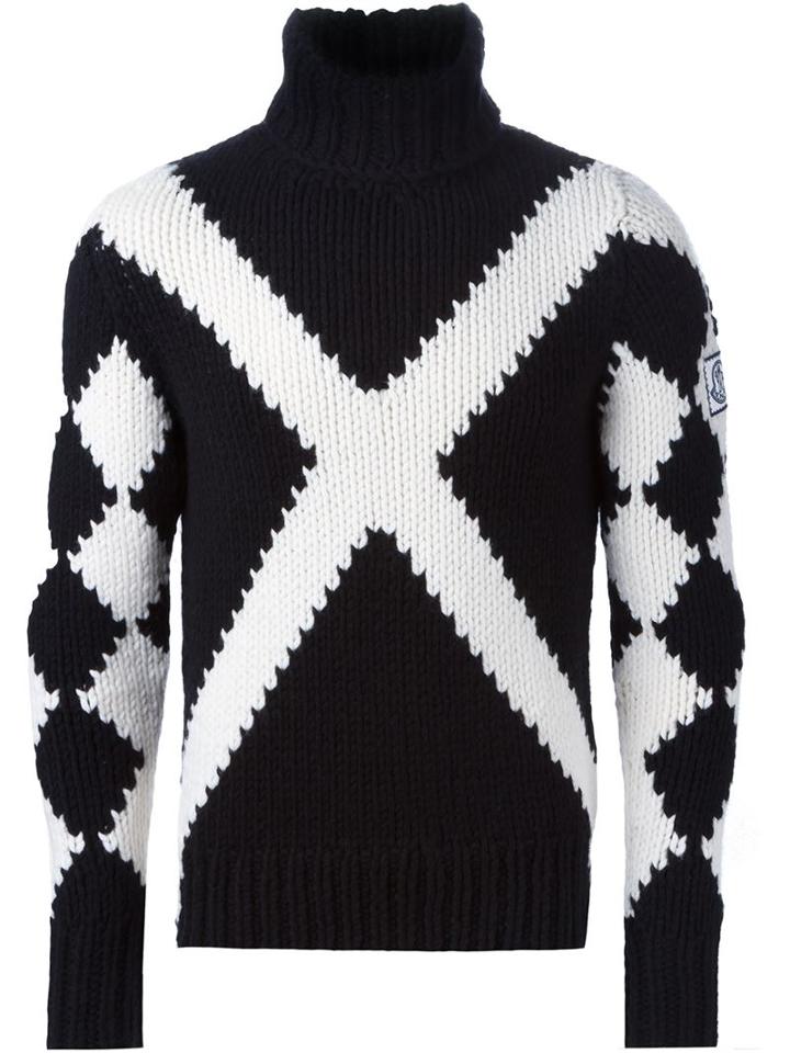 Moncler Gamme Bleu Monochrome Argyle Print Jumper, Men's, Size: Large, Black, Virgin Wool