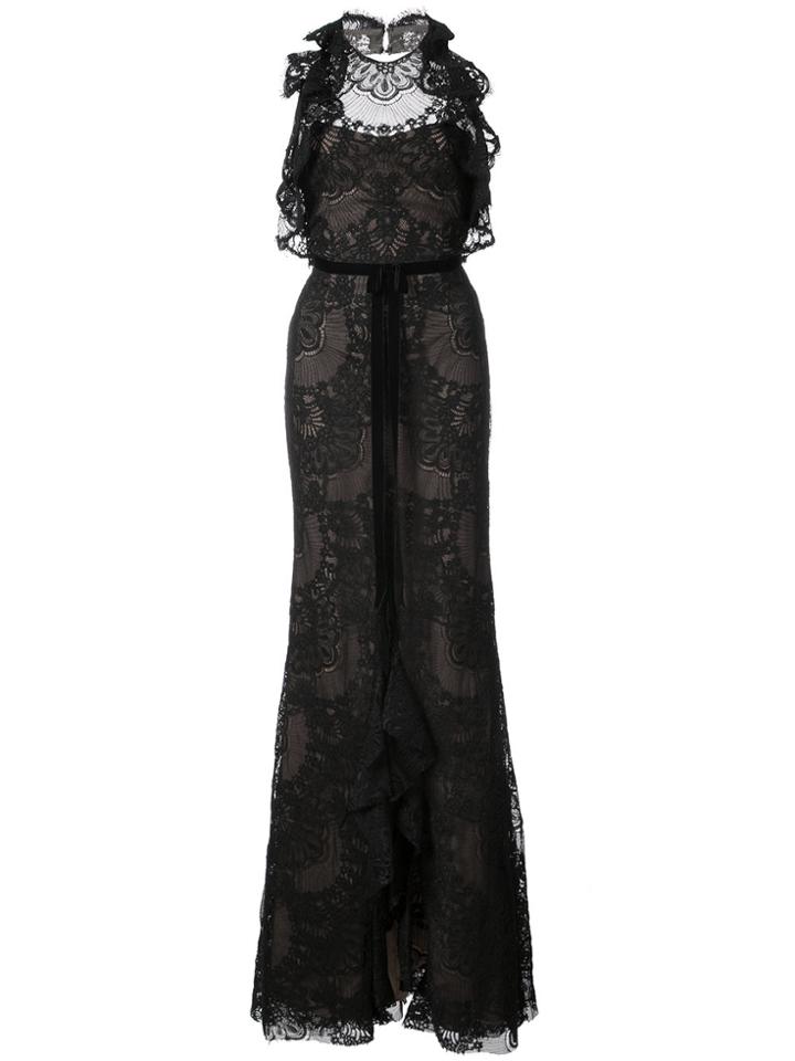 Marchesa Notte Ruffled Guipure Lace Gown - Black