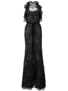 Marchesa Notte Ruffled Guipure Lace Gown - Black