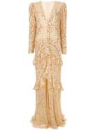Alessandra Rich Sequin Ruffled Gown - Nude & Neutrals