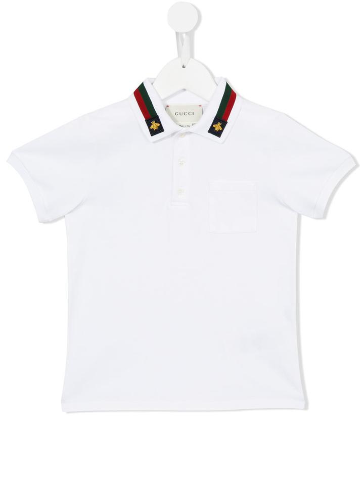 Gucci Kids Bee Embroidered Web Trim Polo Shirt, Boy's, Size: 6 Yrs, White