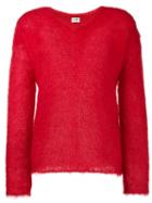 Saint Laurent - Knitted V-neck Jumper - Women - Nylon/mohair/wool - Xs, Red, Nylon/mohair/wool