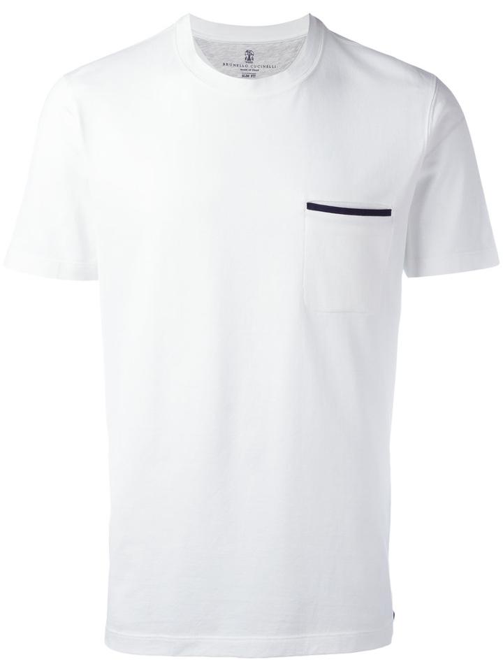 Brunello Cucinelli Striped Pocket T-shirt, Men's, Size: Large, White, Cotton