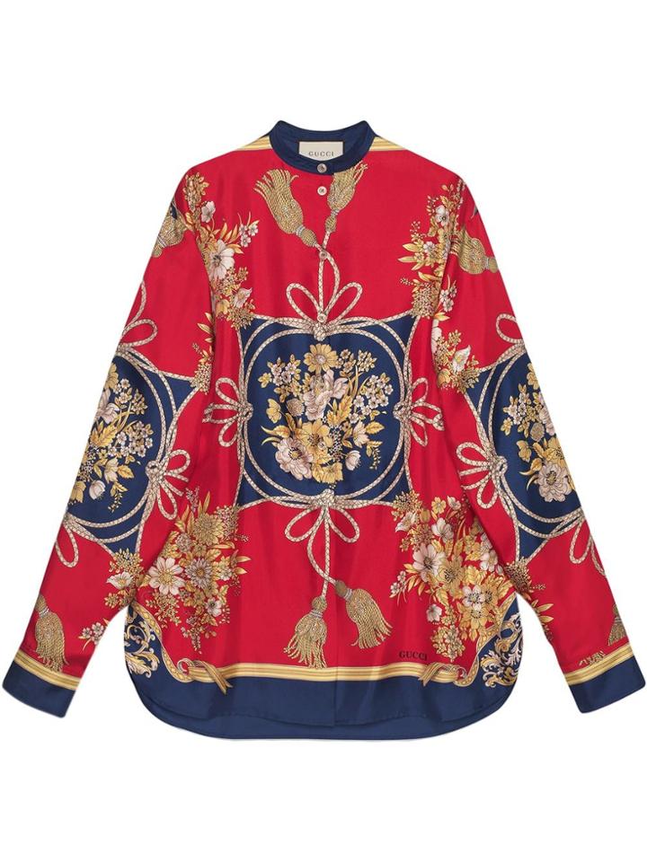 Gucci Oversize Shirt With Flowers And Tassels - Red