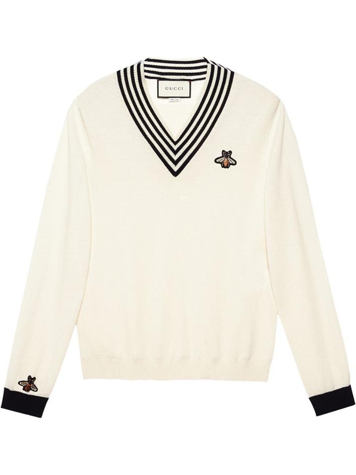 Gucci V-neck Wool Knit With Bee - Neutrals