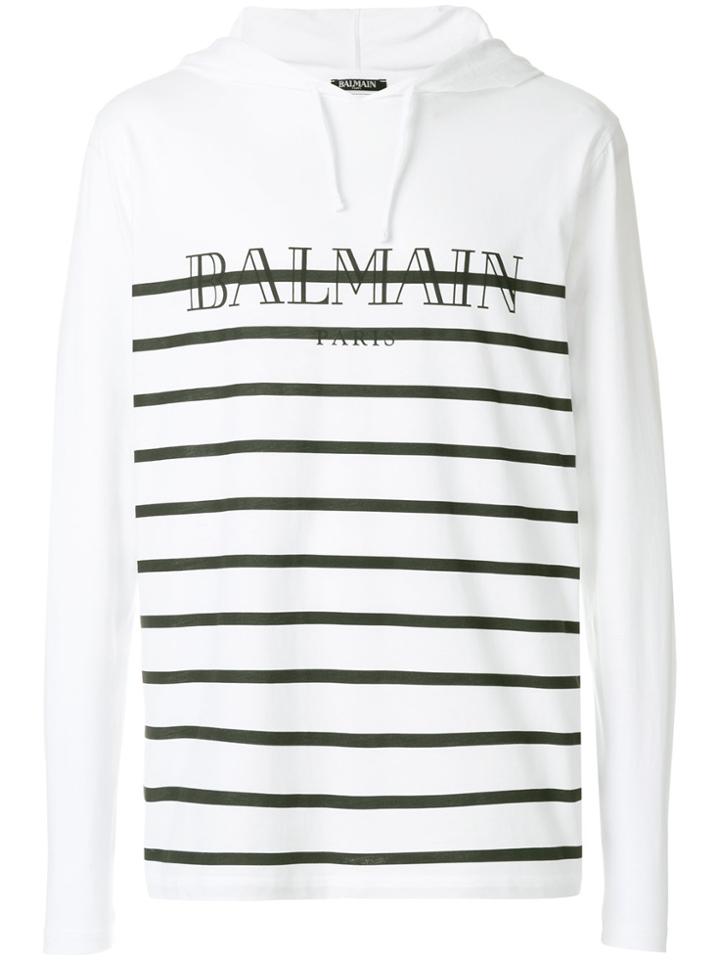 Balmain Striped Logo Print Hooded T-shirt - White