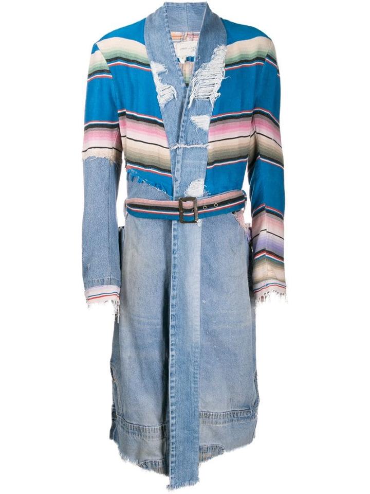 Greg Lauren Long Distressed Denim Coat - Blue