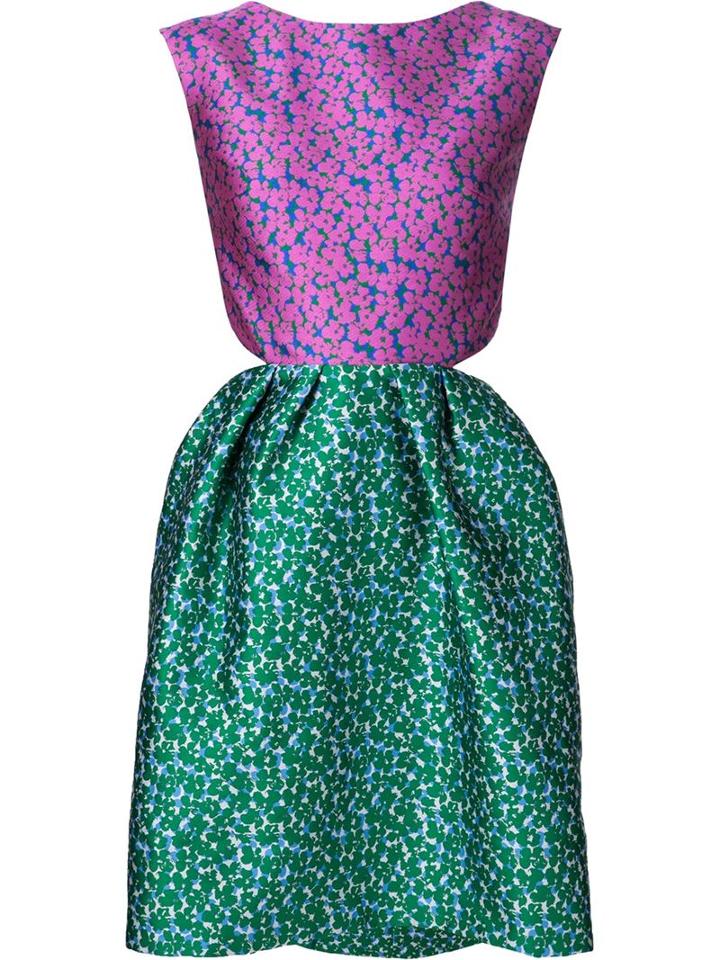 Monique Lhuillier Floral Print Two Tone Cut Out Back Dress
