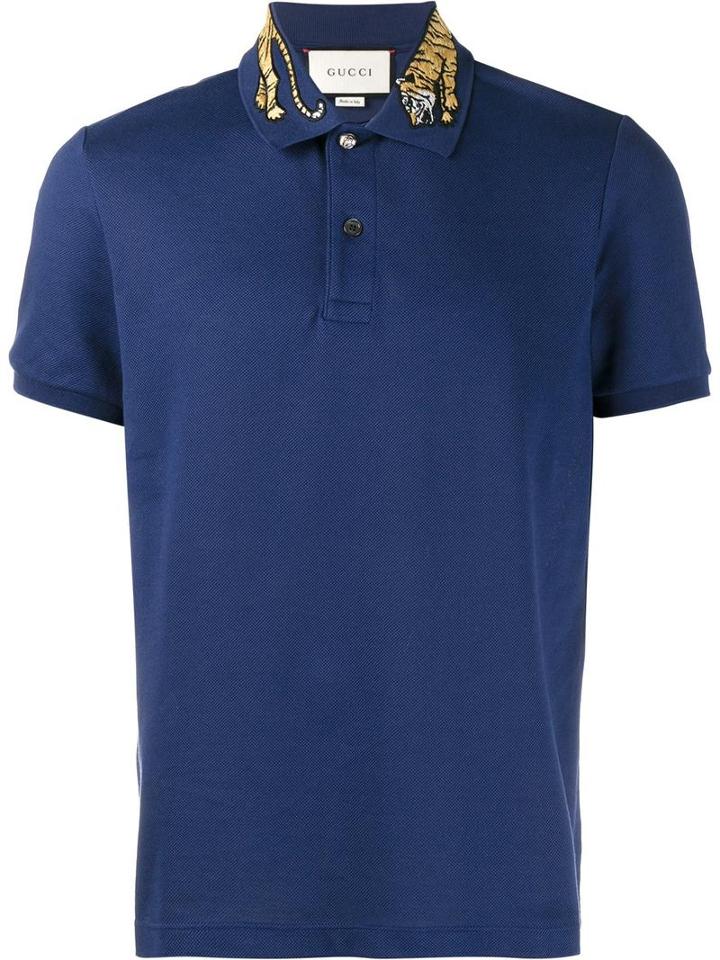 Gucci Tiger Embroidered Polo Shirt, Men's, Size: Large, Blue, Cotton/spandex/elastane