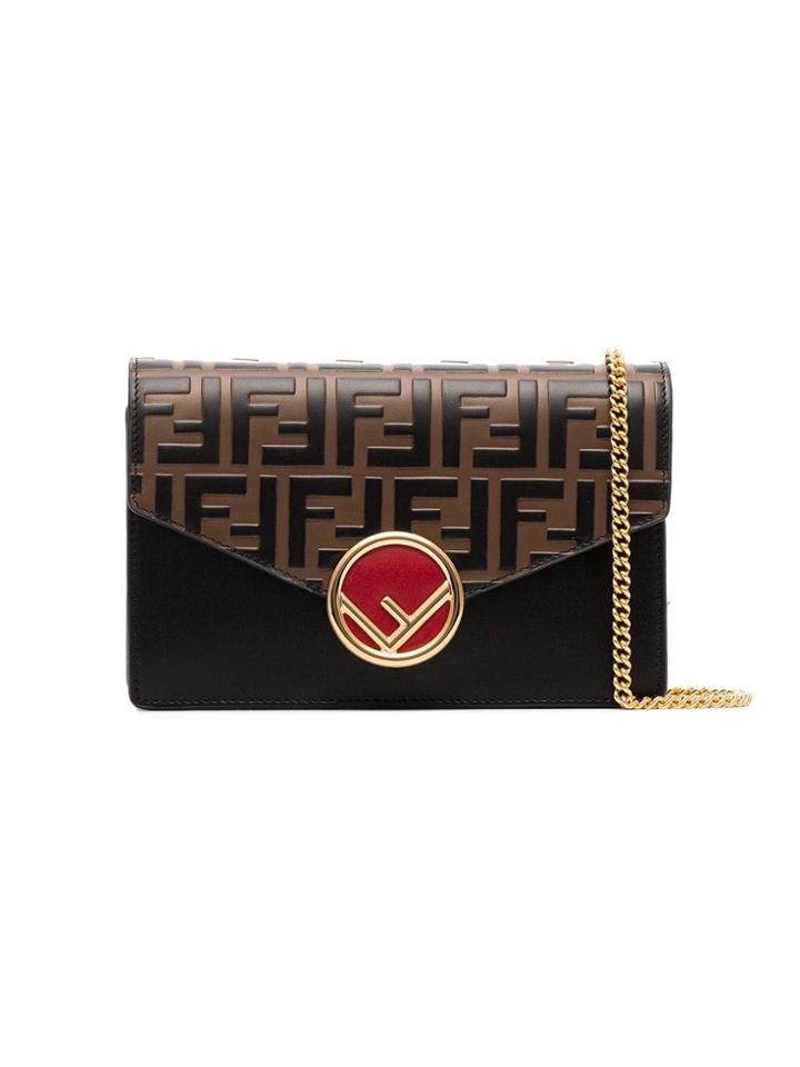 Fendi Black, Brown And Red Ff Logo Leather Wallet On A Chain Bag
