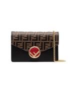 Fendi Black, Brown And Red Ff Logo Leather Wallet On A Chain Bag