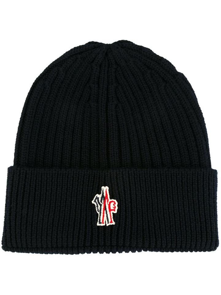 Moncler Grenoble Logo Patch Beanie, Men's, Blue, Virgin Wool