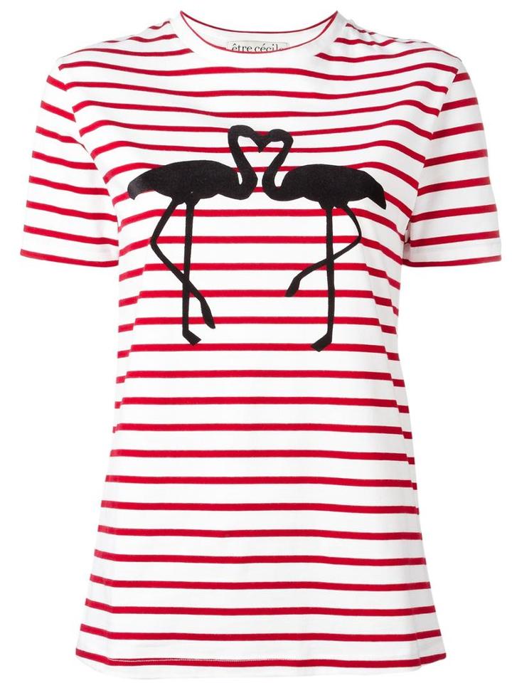 Être Cécile Flamingo Print Striped T-shirt, Women's, Size: Small, White, Cotton