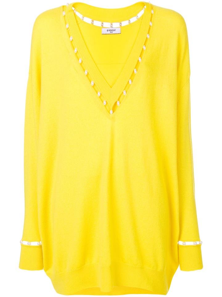 Givenchy - Faux Pearl Trim Jumper - Women - Silk/cotton/cashmere/wool - Xs, Yellow/orange, Silk/cotton/cashmere/wool