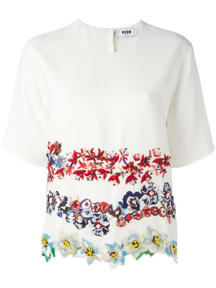 Msgm - Embroidered Flower T-shirt - Women - Polyester/acetate/viscose - 44, White, Polyester/acetate/viscose