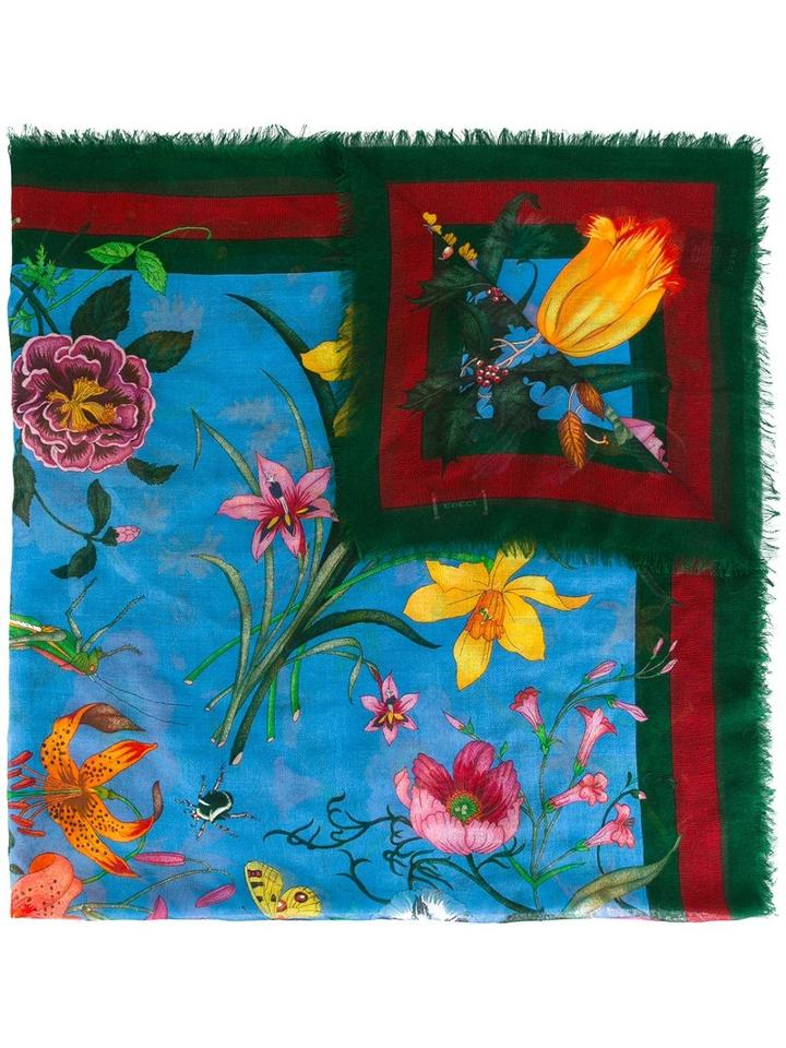 Gucci Flora Web Printed Scarf, Women's, Green, Silk/wool