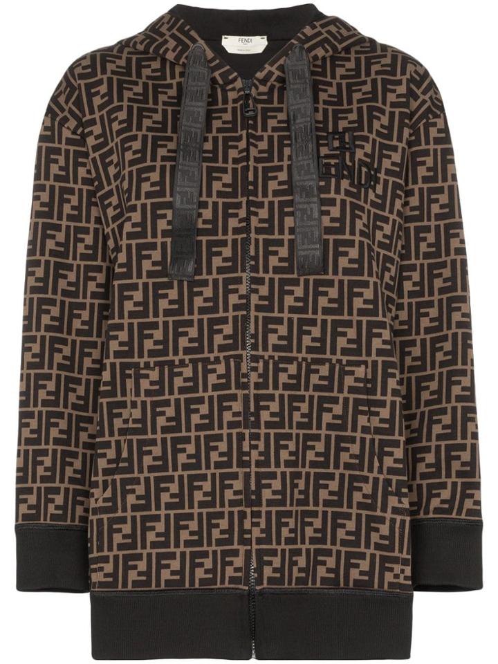 Fendi Zucca Print Zip-up Hooded Cotton Jumper - Brown