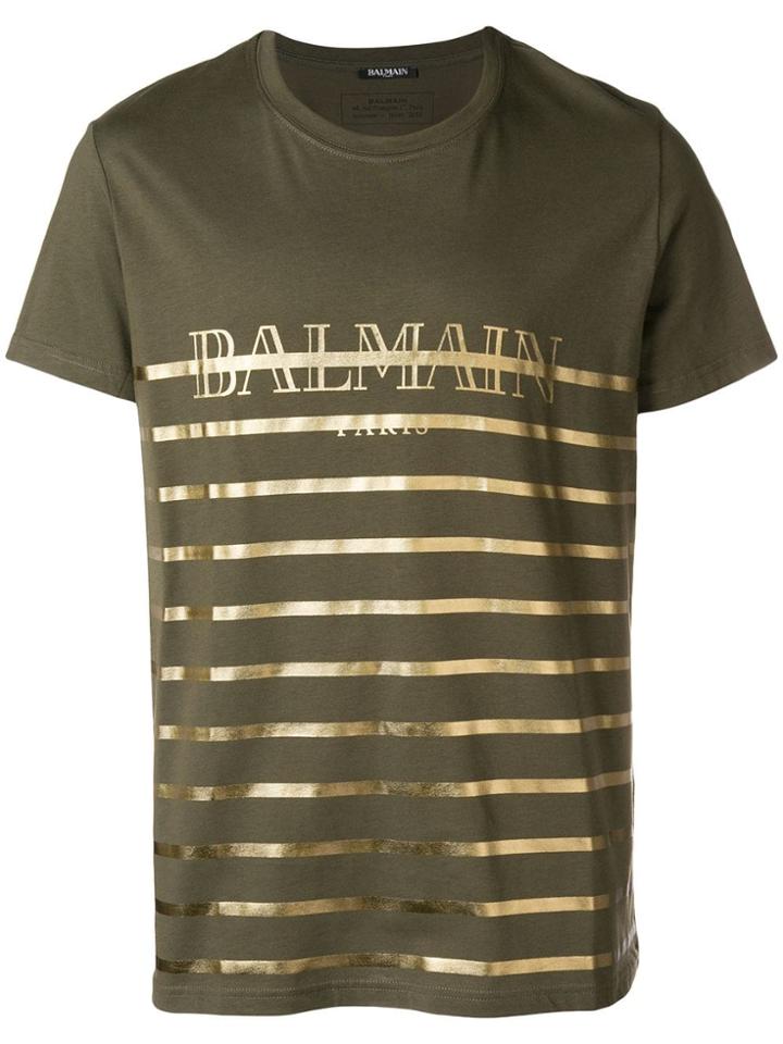 Balmain Striped Logo T-shirt - Green