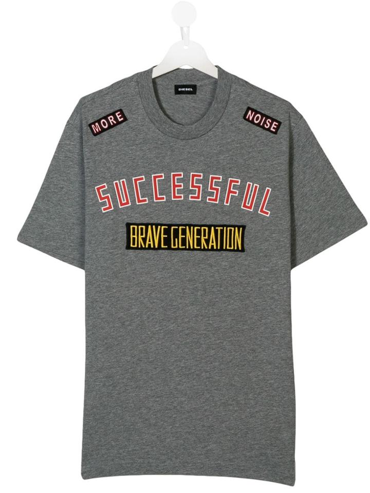 Diesel Kids Logo Slogan Patch T-shirt - Grey