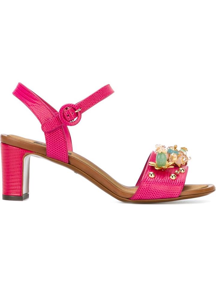 Dolce & Gabbana Embellished Sandals, Women's, Size: 37.5, Pink/purple, Leather/metal/stone/leather